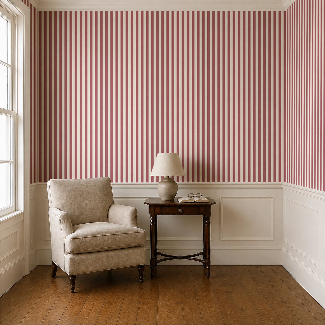 Dusty red and ivory 19th century equal-width stripe, red striated: wallpaper installed in a parlor with panelled dado