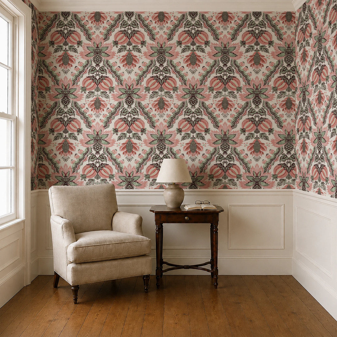 Flowering Pomegranate in linen and terracotta: an ogee lattice of lace borders framing a blossom held between two swelling pomegranates, translated from an 18th-century French block-printed quilt. cohort1 vb parlor