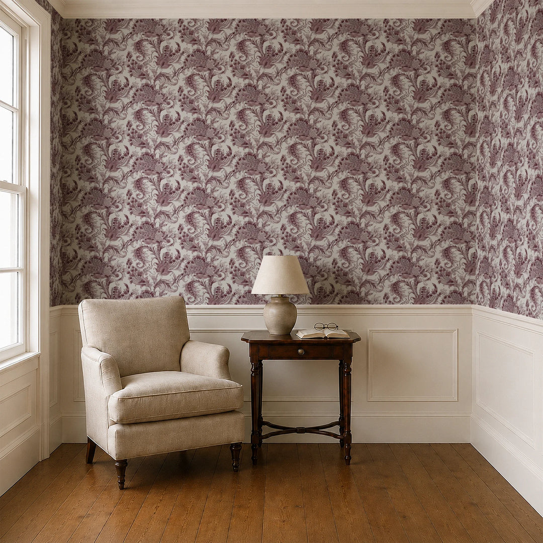 Ragged Poppy in Travertine and Blackcurrant — dark plum poppy on a pale grey travertine ground, high-contrast block-printed floral repeat cohort1 vb parlor