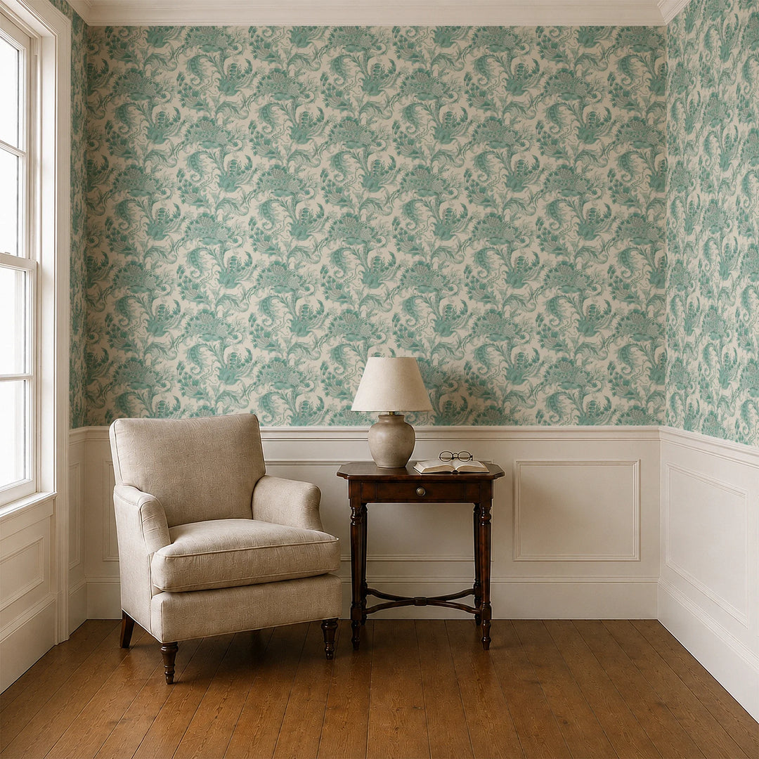Ragged Poppy in Sandstone and Verdigris — green poppy on a warm sandstone ground, large-scale block-printed floral repeat cohort1 vb parlor