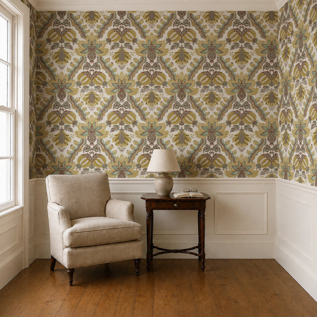 Flowering Pomegranate in linen and honey: an ogee lattice of lace borders framing a blossom held between two swelling pomegranates, translated from an 18th-century French block-printed quilt. cohort1 vb parlor