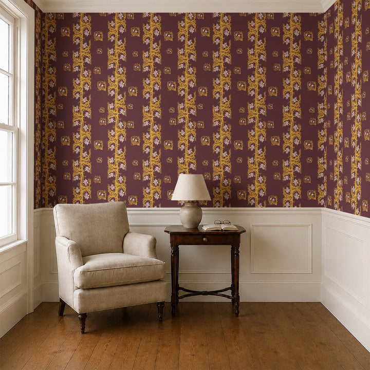 Marguerite in blackcurrant and marigold: spined, entwined stems forming vertical channels around massed daisy heads, translated from a c. 1904 Dutch linen damask finger towel by Cornelis van der Sluys. cohort1 vb parlor