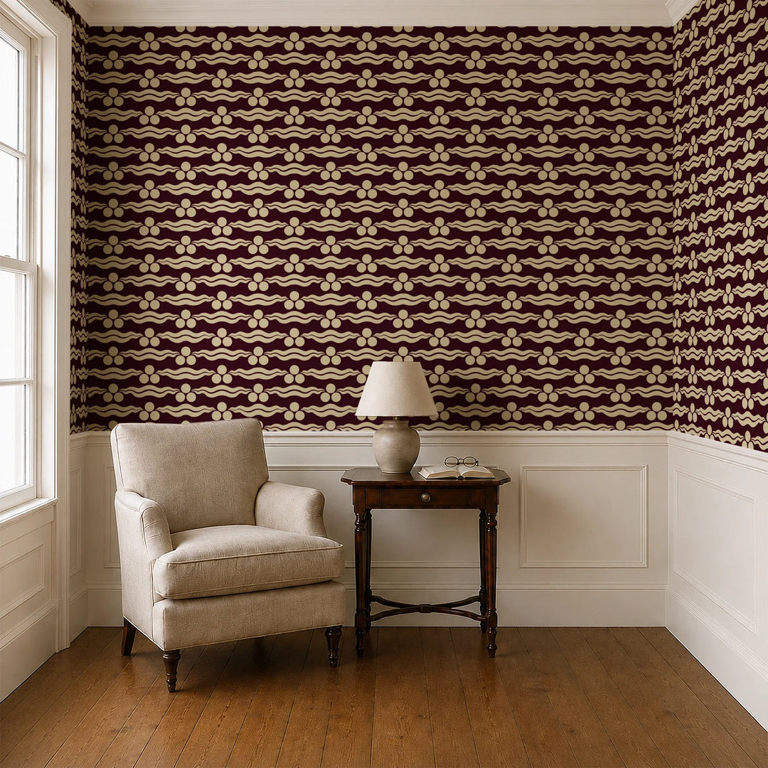 Chintamani Tiger in blackcurrant and flax: triple-disc chintamani roundels above paired wave bands, translated from a 15th-century Bursa silk velvet at The Metropolitan Museum of Art. cohort1 vb parlor