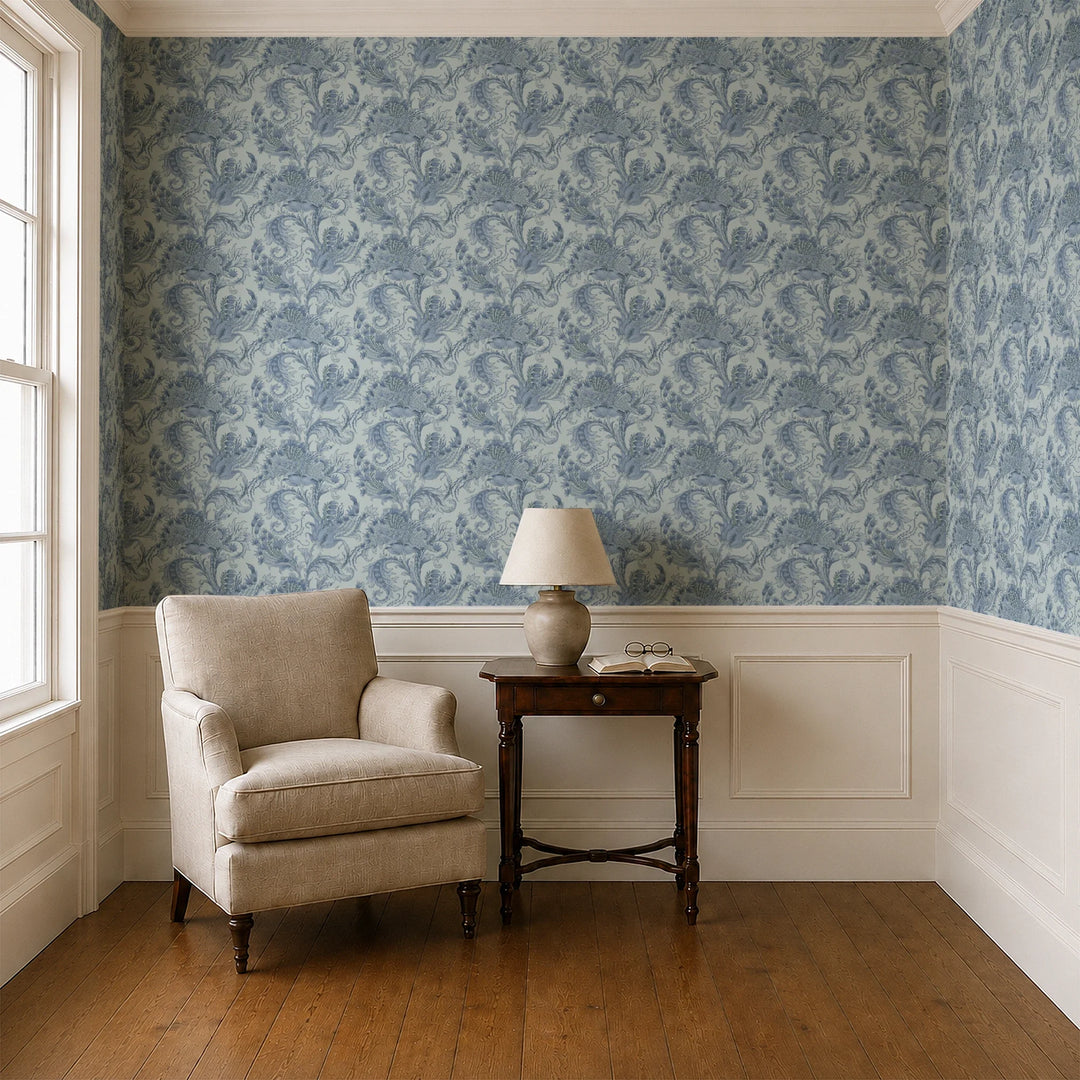 Ragged Poppy in Mist and Dusty Blue — mid-blue poppy on a soft blue-grey ground, large-scale block-printed floral repeat cohort1 vb parlor