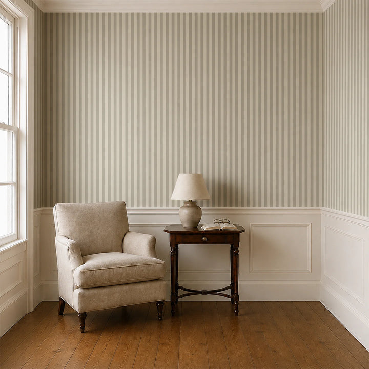Warm greige 19th century equal-width stripe, deeper bands striated: wallpaper installed in a parlor with panelled dado