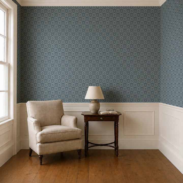 Varanasi Medallion in Slate and Linen — pale flowering plants inside pointed medallions on a cool blue-grey ground cohort1 vb parlor