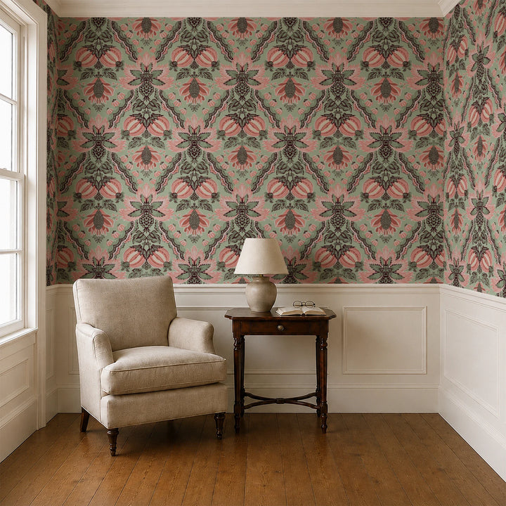 Flowering Pomegranate in eucalyptus and terracotta: an ogee lattice of lace borders framing a blossom held between two swelling pomegranates, translated from an 18th-century French block-printed quilt. cohort1 vb parlor