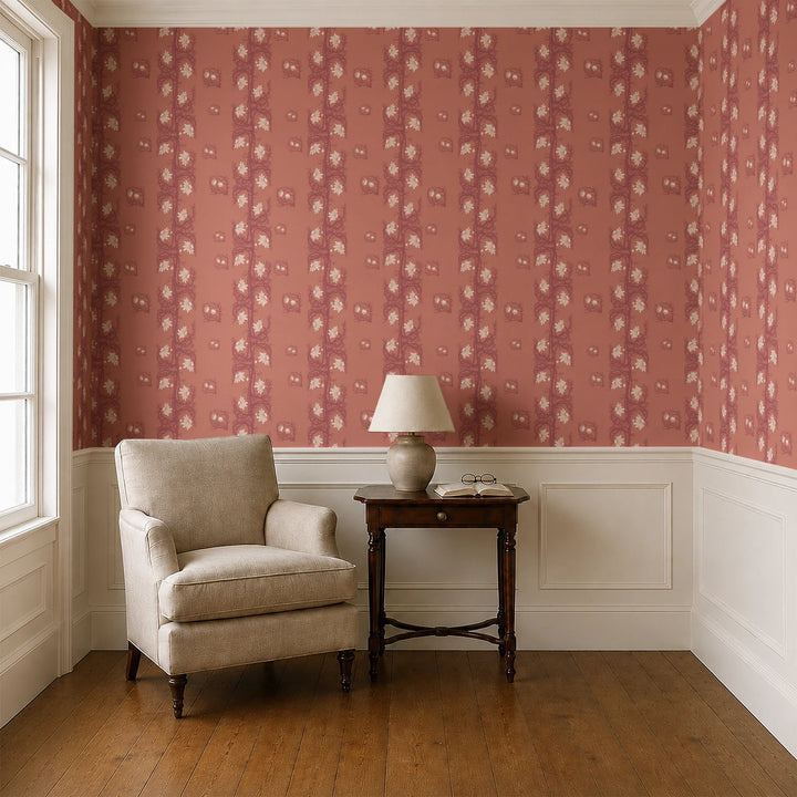 Marguerite in terracotta and pomegranate: spined, entwined stems forming vertical channels around massed daisy heads, translated from a c. 1904 Dutch linen damask finger towel by Cornelis van der Sluys. cohort1 vb parlor