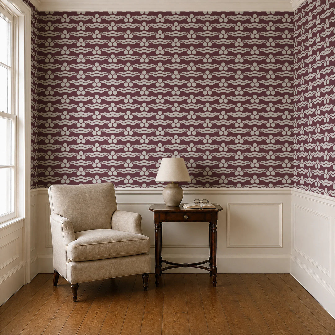 Chintamani Tiger in blackcurrant and travertine: triple-disc chintamani roundels above paired wave bands, translated from a 15th-century Bursa silk velvet at The Metropolitan Museum of Art. cohort1 vb parlor