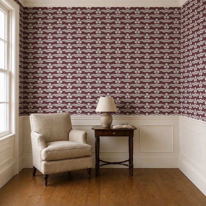 Chintamani Tiger in blackcurrant and travertine: triple-disc chintamani roundels above paired wave bands, translated from a 15th-century Bursa silk velvet at The Metropolitan Museum of Art. cohort1 vb parlor