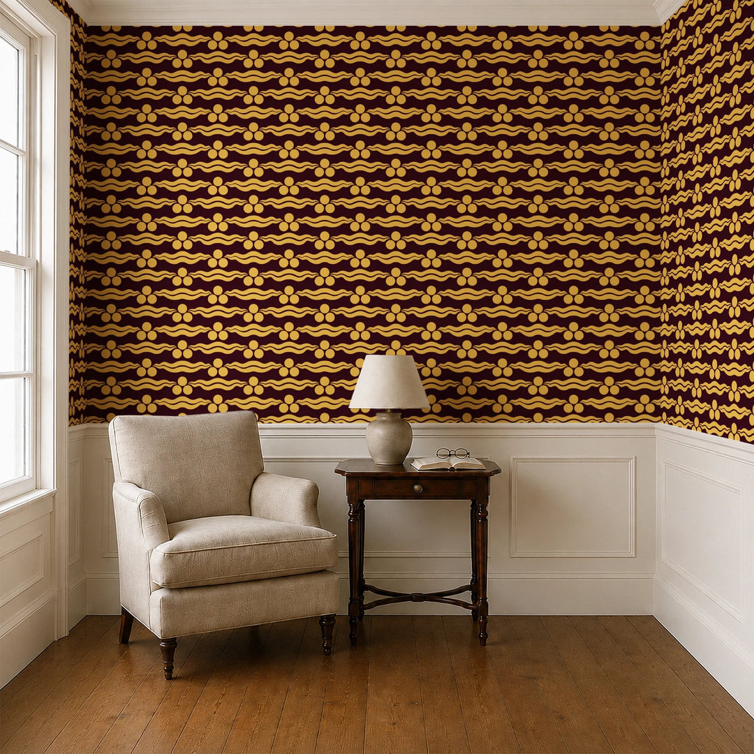 Chintamani Tiger in blackcurrant and marigold: triple-disc chintamani roundels above paired wave bands, translated from a 15th-century Bursa silk velvet at The Metropolitan Museum of Art. cohort1 vb parlor