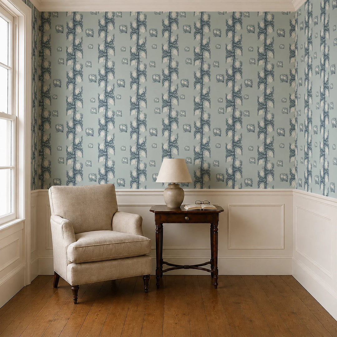 Marguerite in mist and slate: spined, entwined stems forming vertical channels around massed daisy heads, translated from a c. 1904 Dutch linen damask finger towel by Cornelis van der Sluys. cohort1 vb parlor