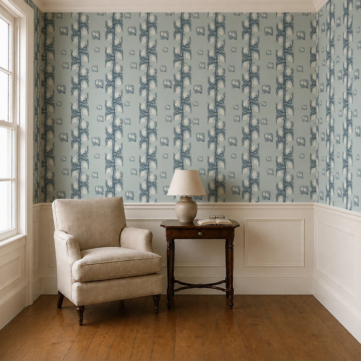 Marguerite in mist and slate: spined, entwined stems forming vertical channels around massed daisy heads, translated from a c. 1904 Dutch linen damask finger towel by Cornelis van der Sluys. cohort1 vb parlor