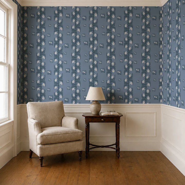 Marguerite in dusty blue and slate: spined, entwined stems forming vertical channels around massed daisy heads, translated from a c. 1904 Dutch linen damask finger towel by Cornelis van der Sluys. cohort1 vb parlor