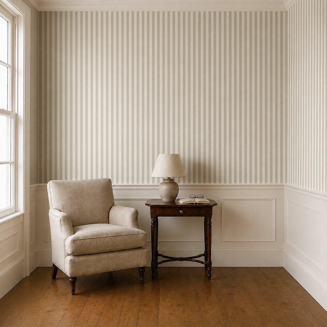 Cream and greige 19th century equal-width stripe, greige striated: wallpaper installed in a parlor with panelled dado