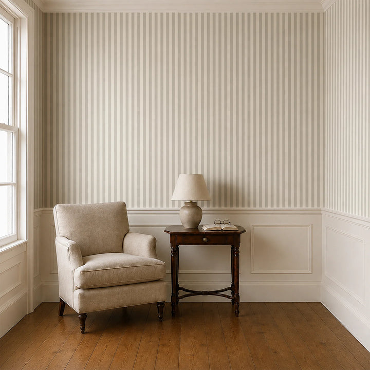 Cream and greige 19th century equal-width stripe, greige striated: wallpaper installed in a parlor with panelled dado