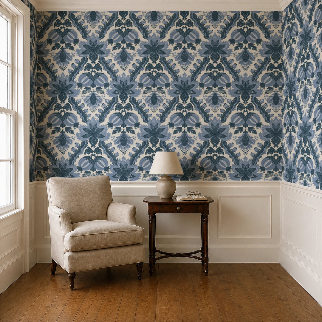 Flowering Pomegranate in linen and dusty blue: an ogee lattice of lace borders framing a blossom held between two swelling pomegranates, translated from an 18th-century French block-printed quilt. cohort1 vb parlor
