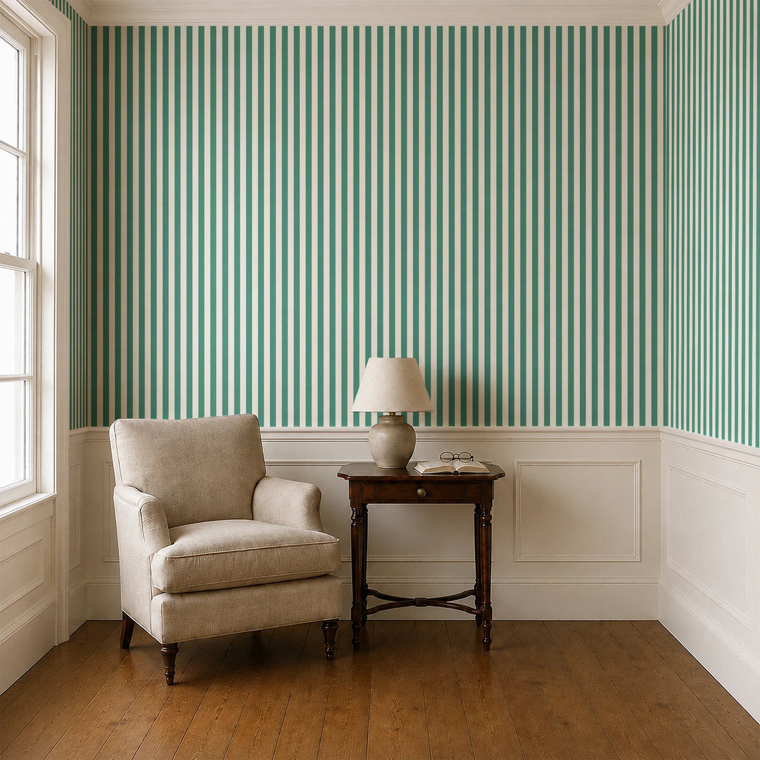 Blue-green and ivory 19th century equal-width stripe, green striated: wallpaper installed in a parlor with panelled dado