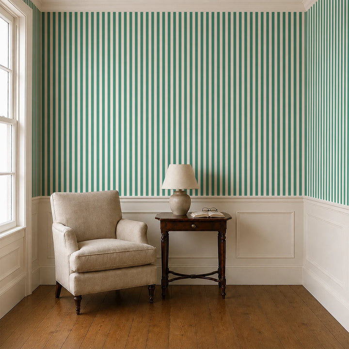 Blue-green and ivory 19th century equal-width stripe, green striated: wallpaper installed in a parlor with panelled dado