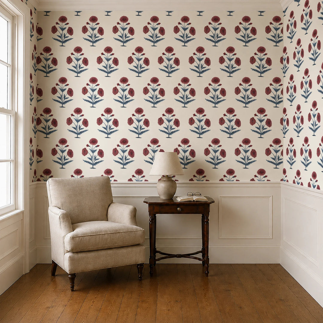 Mughal Poppy, Ivory / Pomegranate Fabric by the Yard