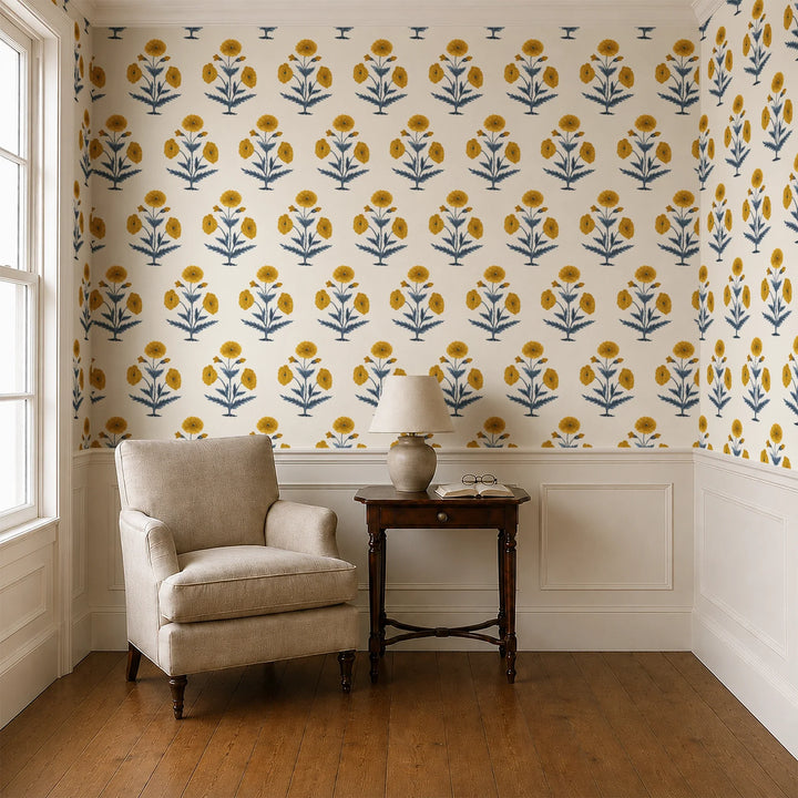Mughal Poppy, Ivory / Marigold Fabric by the Yard