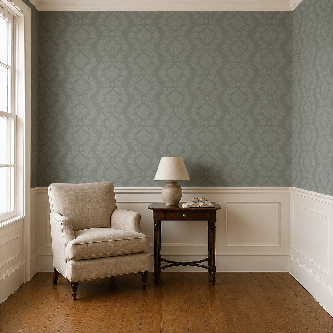 Grey-green early 20th century tone-on-tone brocade bouquets: wallpaper installed in a parlor with panelled dado