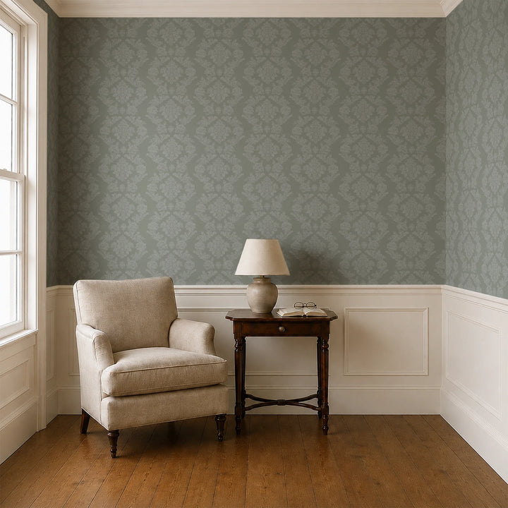 Grey-green early 20th century tone-on-tone brocade bouquets: wallpaper installed in a parlor with panelled dado