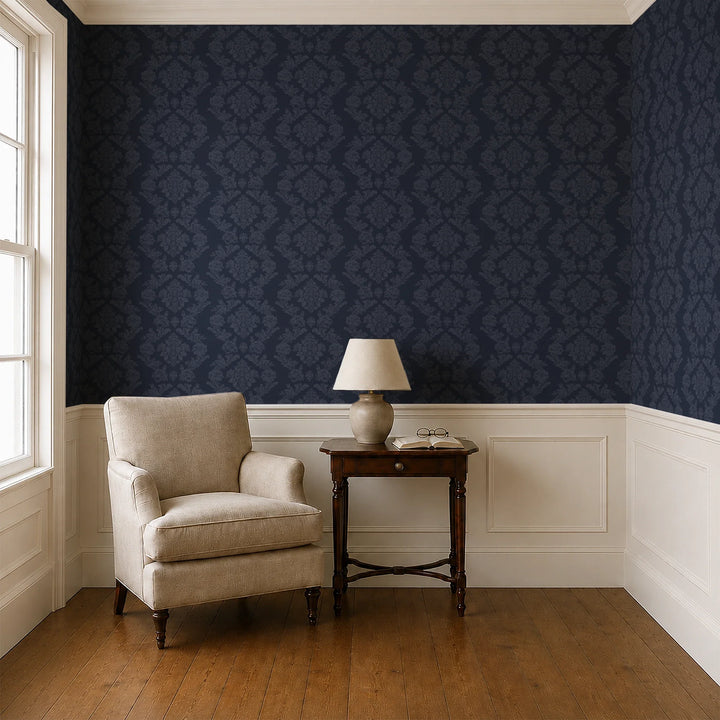 Navy early 20th century tone-on-tone brocade bouquets: wallpaper installed in a parlor with panelled dado