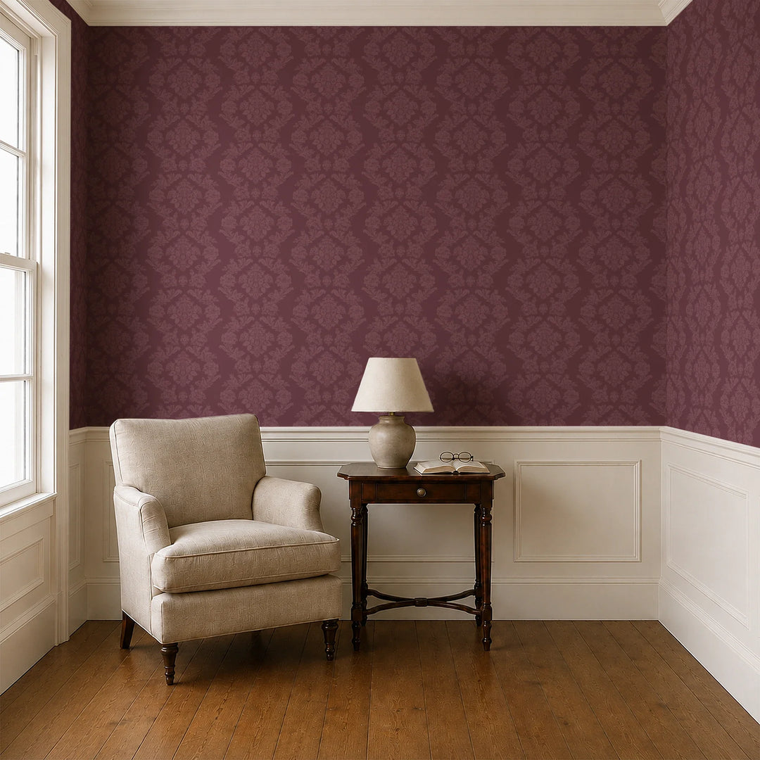 Dark purple early 20th century tone-on-tone brocade bouquets: wallpaper installed in a parlor with panelled dado
