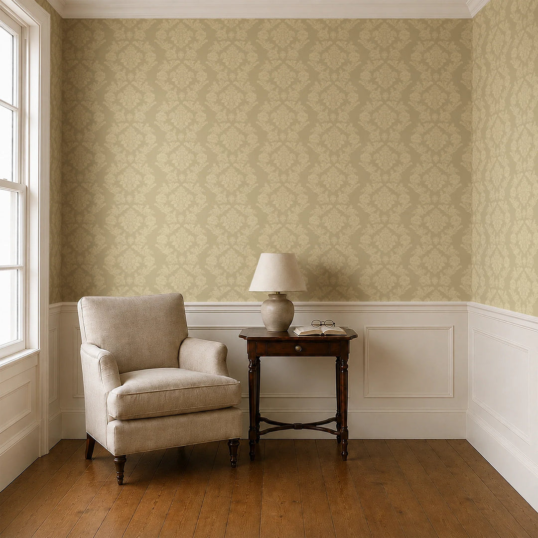Gold early 20th century tone-on-tone brocade bouquets: wallpaper installed in a parlor with panelled dado