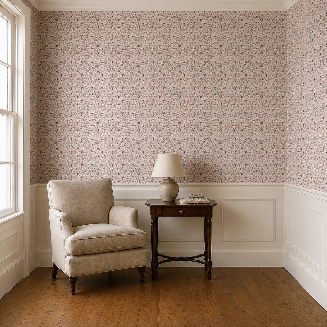 Red 18th century Indian chintz vine on a white ground: wallpaper installed in a parlor with panelled dado