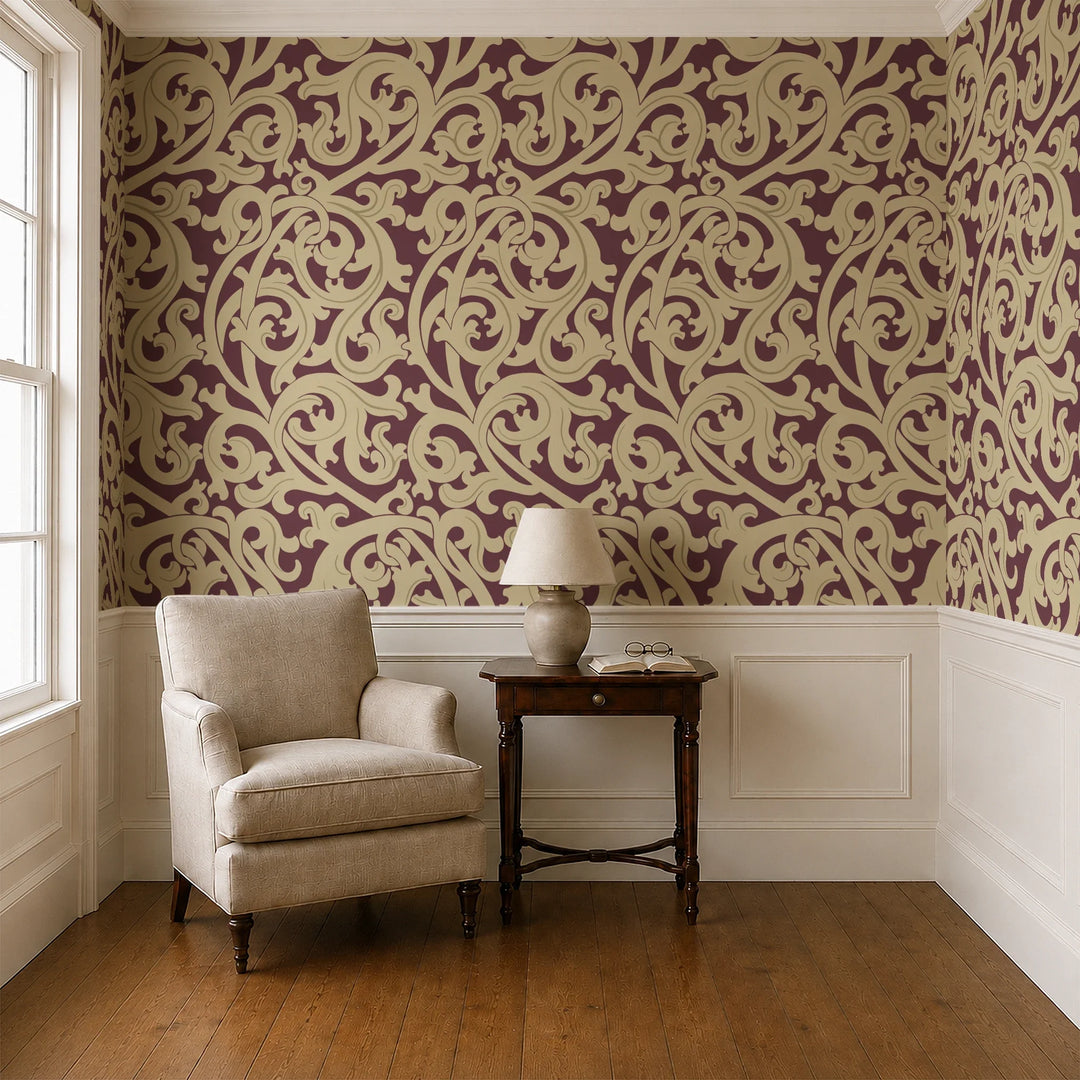 Large gold acanthus scroll motif on a red ground: wallpaper installed in a parlor with panelled dado