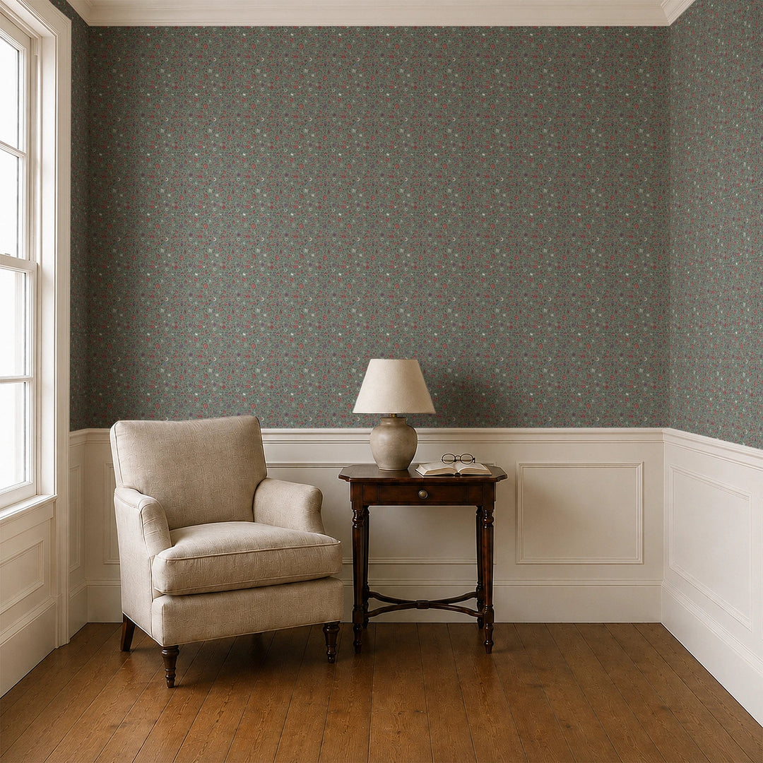 Dark purple 18th century Indian chintz vine on a grey-green ground: wallpaper installed in a parlor with panelled dado