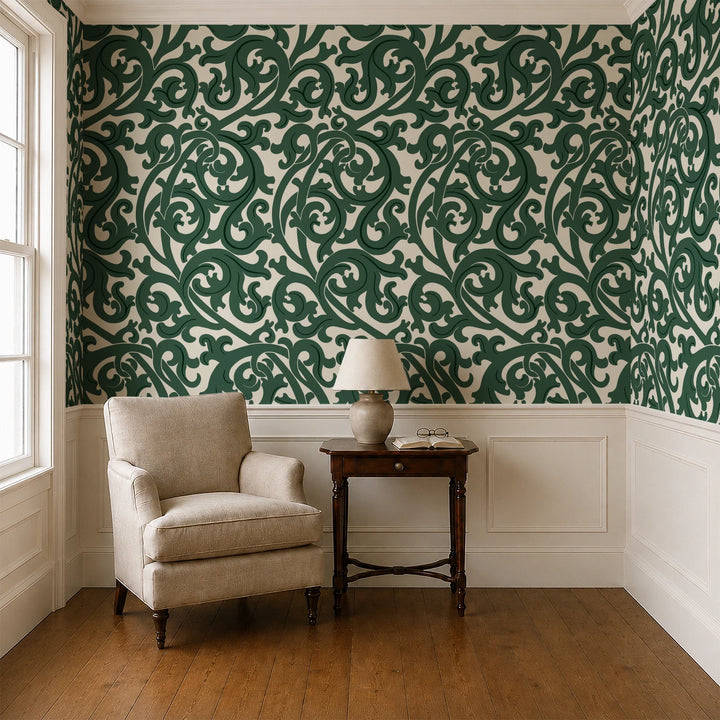 Large green acanthus scroll motif on a beige ground: wallpaper installed in a parlor with panelled dado