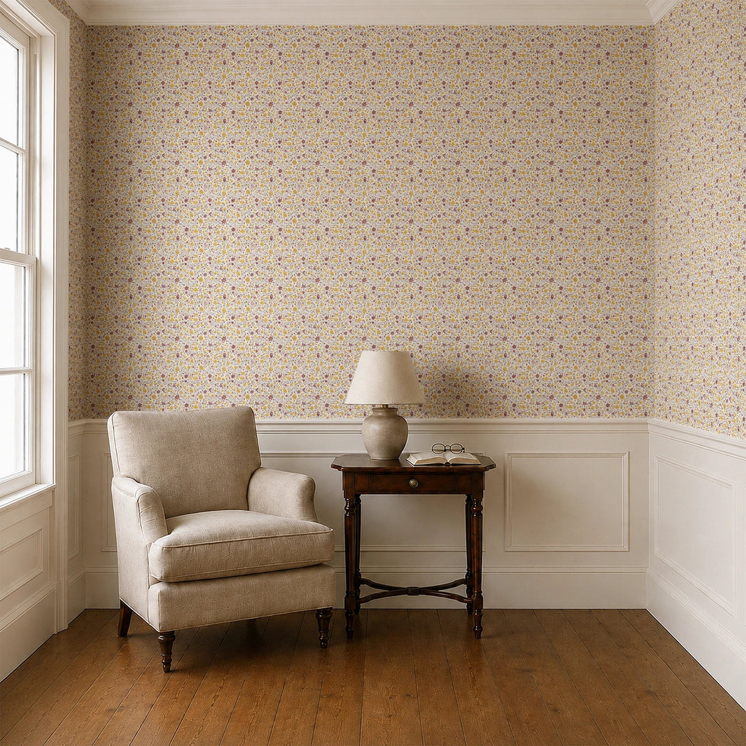 Yellow 18th century Indian chintz vine on a white ground: wallpaper installed in a parlor with panelled dado