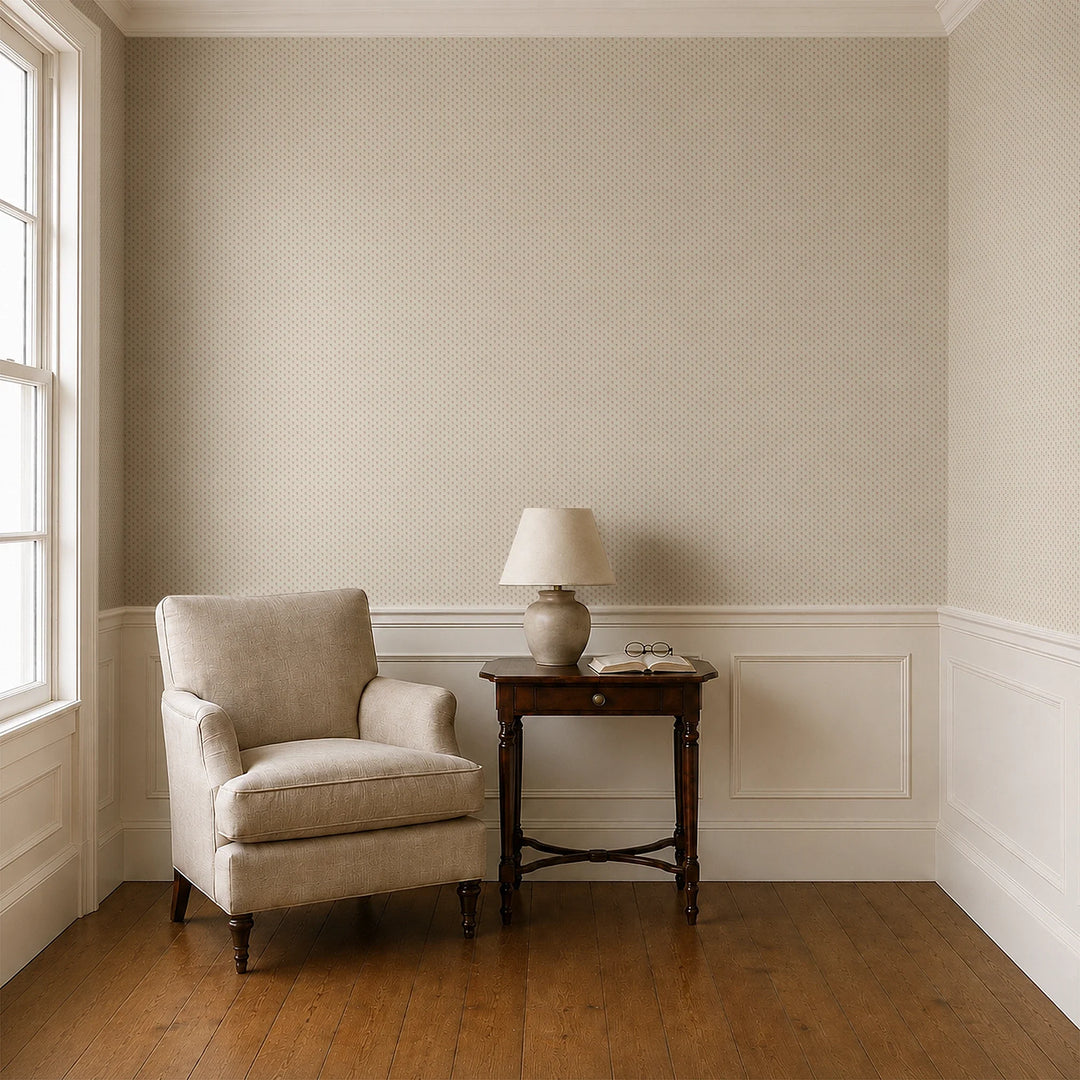 Warm brown Second Empire tulip silhouette on a pale greige ground: wallpaper installed in a parlor with panelled dado
