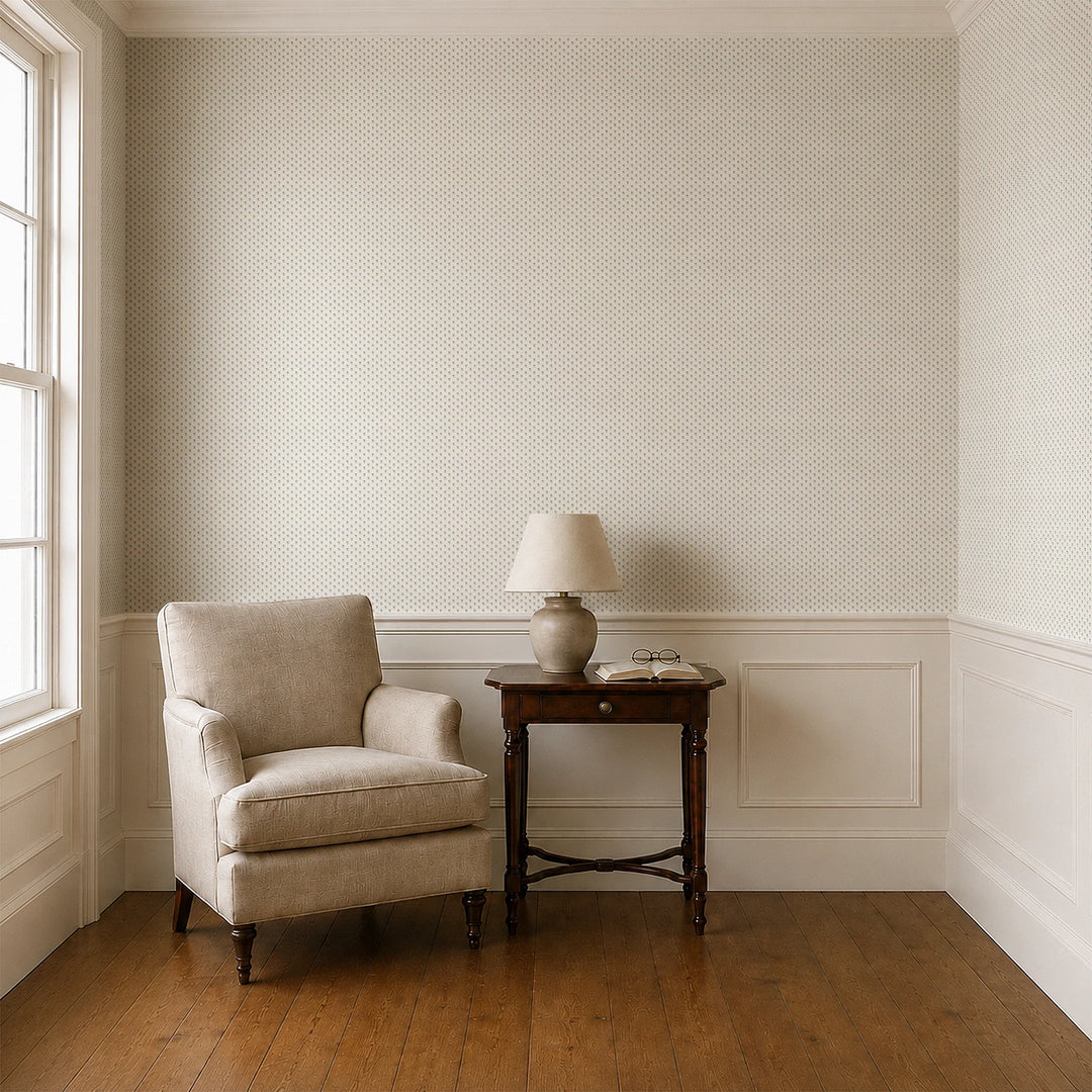 Blue-grey Second Empire tulip silhouette on a warm ivory ground: wallpaper installed in a parlor with panelled dado