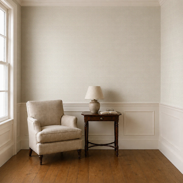 Blue-grey Second Empire tulip silhouette on a warm ivory ground: wallpaper installed in a parlor with panelled dado