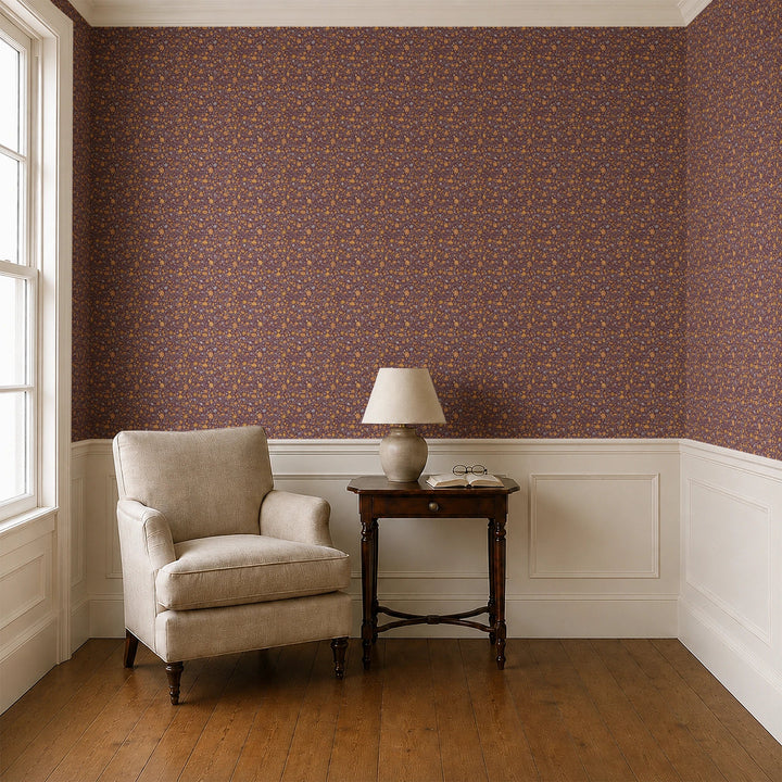Yellow 18th century Indian chintz vine on a dark purple ground: wallpaper installed in a parlor with panelled dado