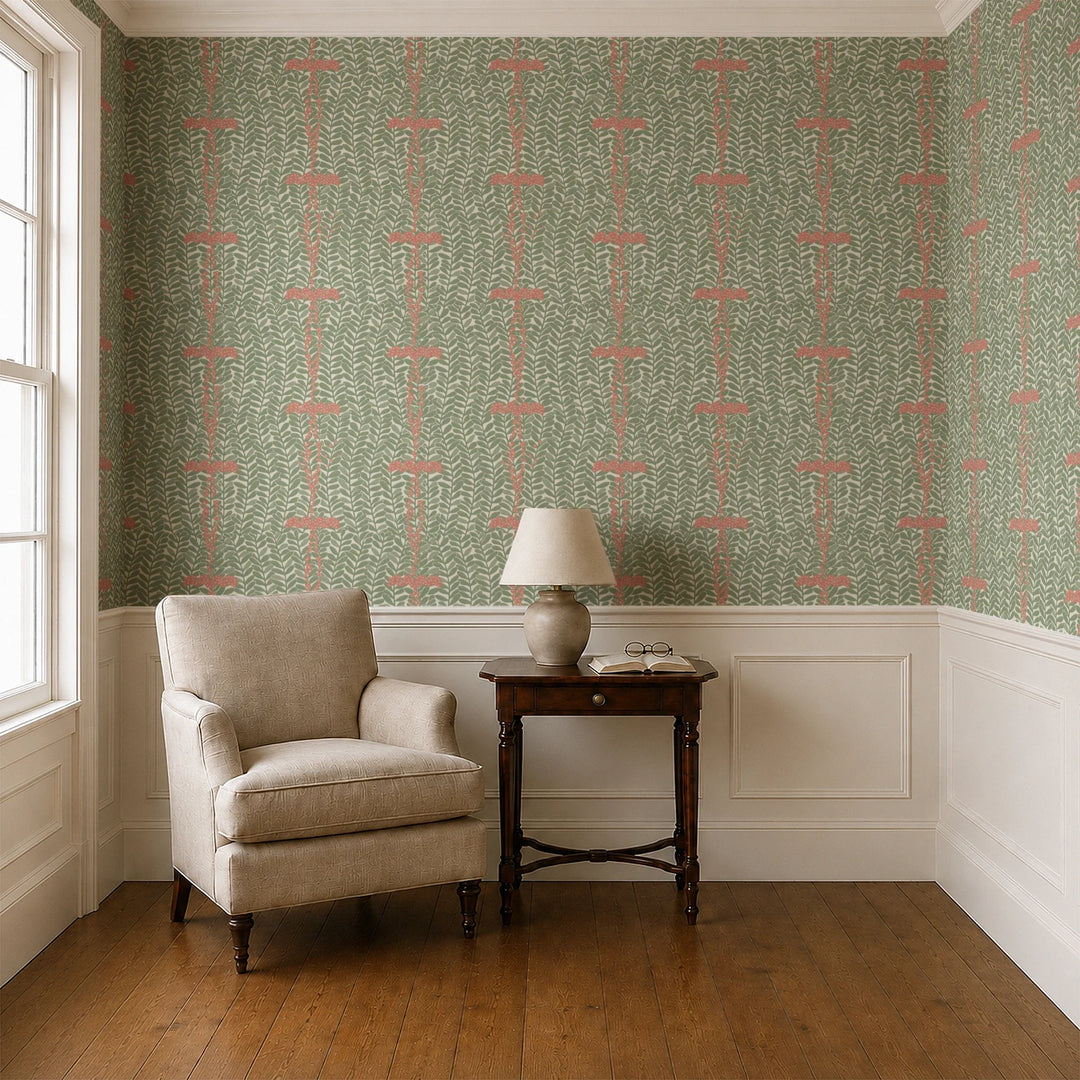 Muted green 1918 leaf sprays with red berries on a beige ground: wallpaper installed in a parlor with panelled dado
