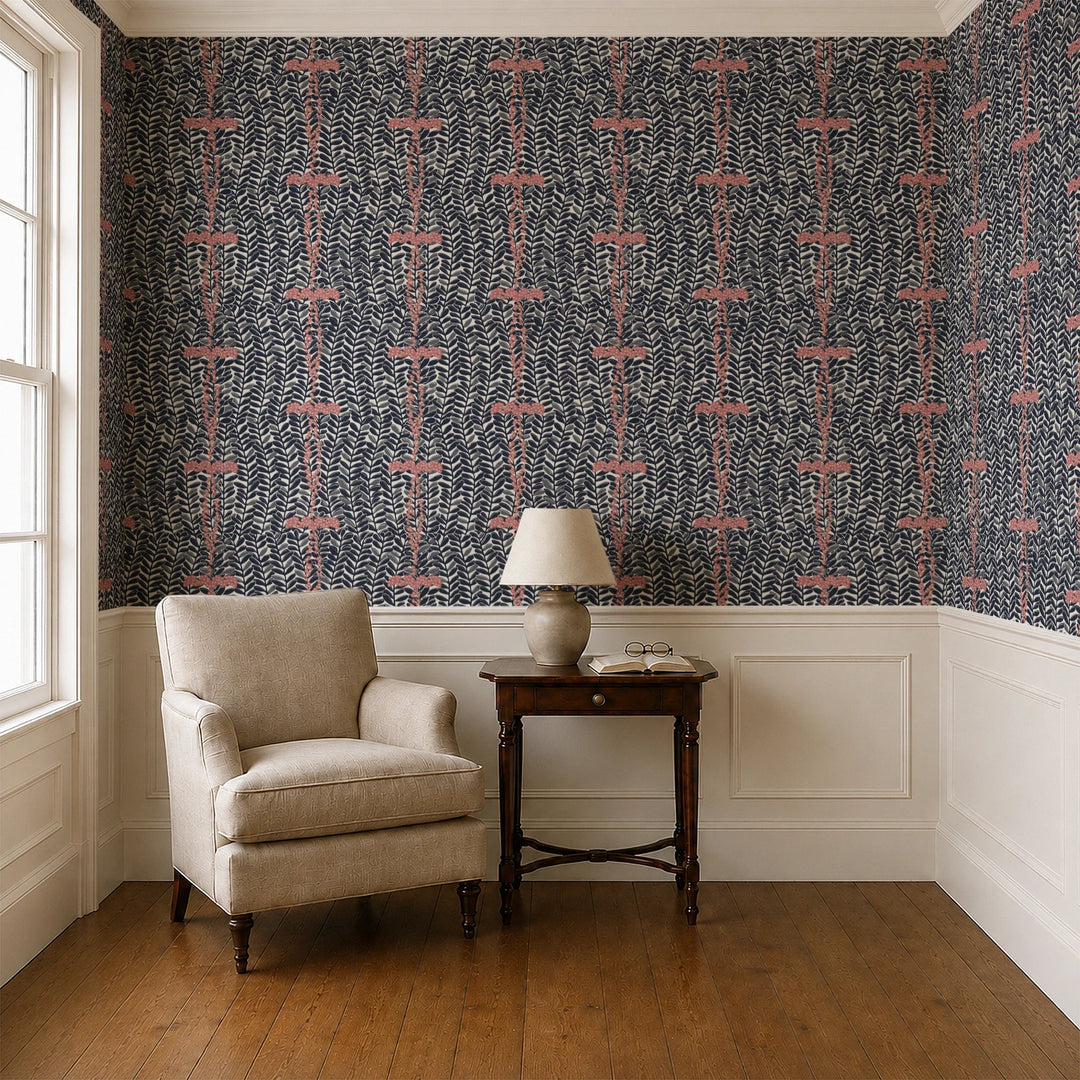 Navy 1918 leaf sprays with red berries on a beige ground: wallpaper installed in a parlor with panelled dado