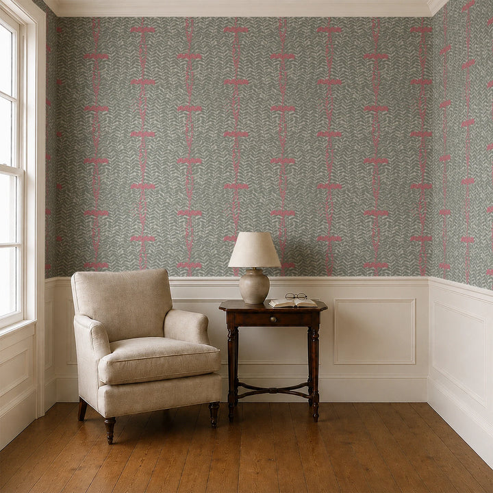Grey-green 1918 leaf sprays with red berries on a grey ground: wallpaper installed in a parlor with panelled dado
