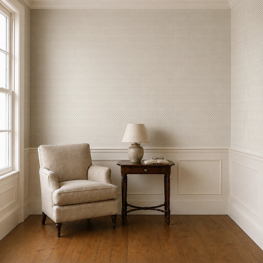 Near-black blue Second Empire tulip silhouette on an ivory ground: wallpaper installed in a parlor with panelled dado