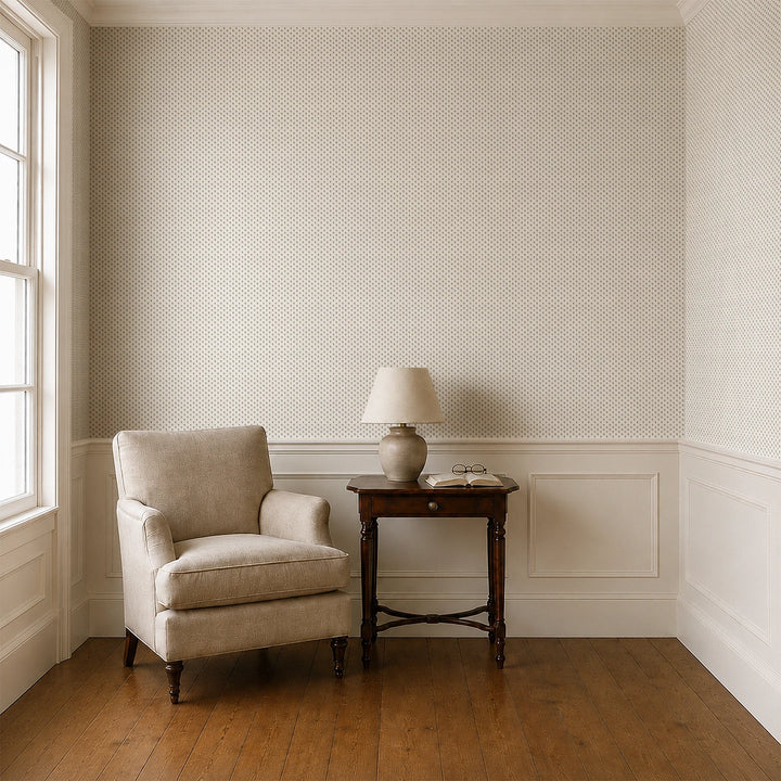 Near-black blue Second Empire tulip silhouette on an ivory ground: wallpaper installed in a parlor with panelled dado