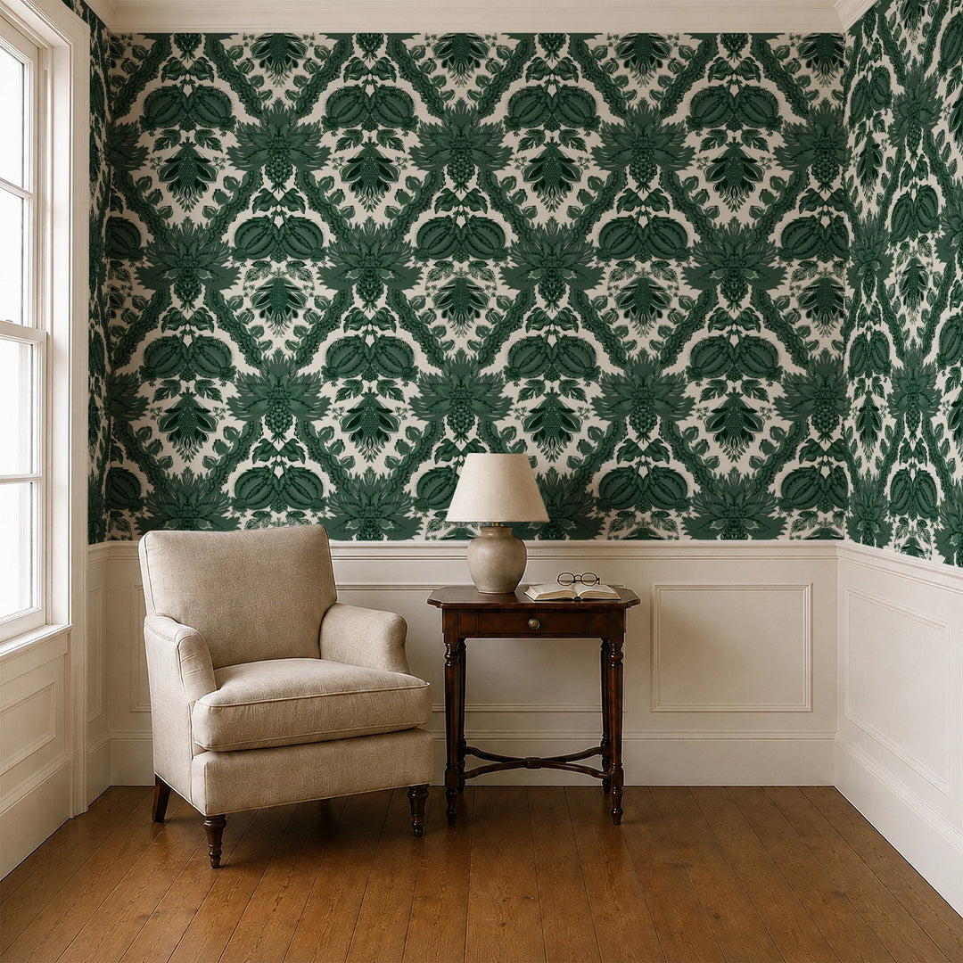 Dark green 18th century French pomegranate ogee on a beige ground: wallpaper installed in a parlor with panelled dado