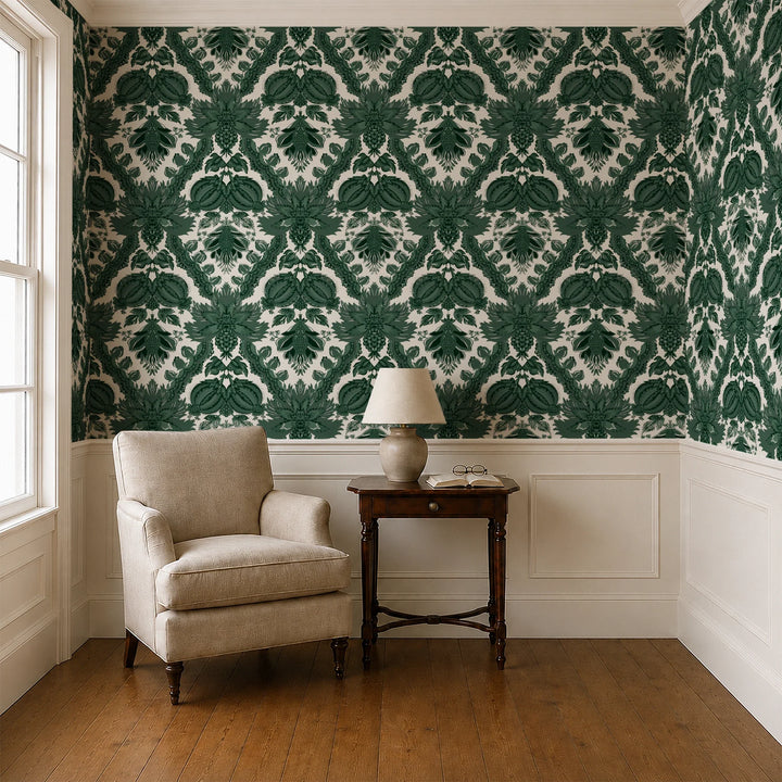 Dark green 18th century French pomegranate ogee on a beige ground: wallpaper installed in a parlor with panelled dado