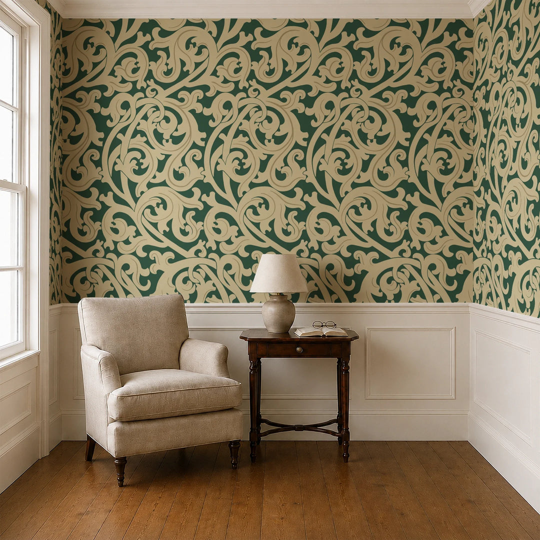 Large gold acanthus scroll motif on a green ground: wallpaper installed in a parlor with panelled dado
