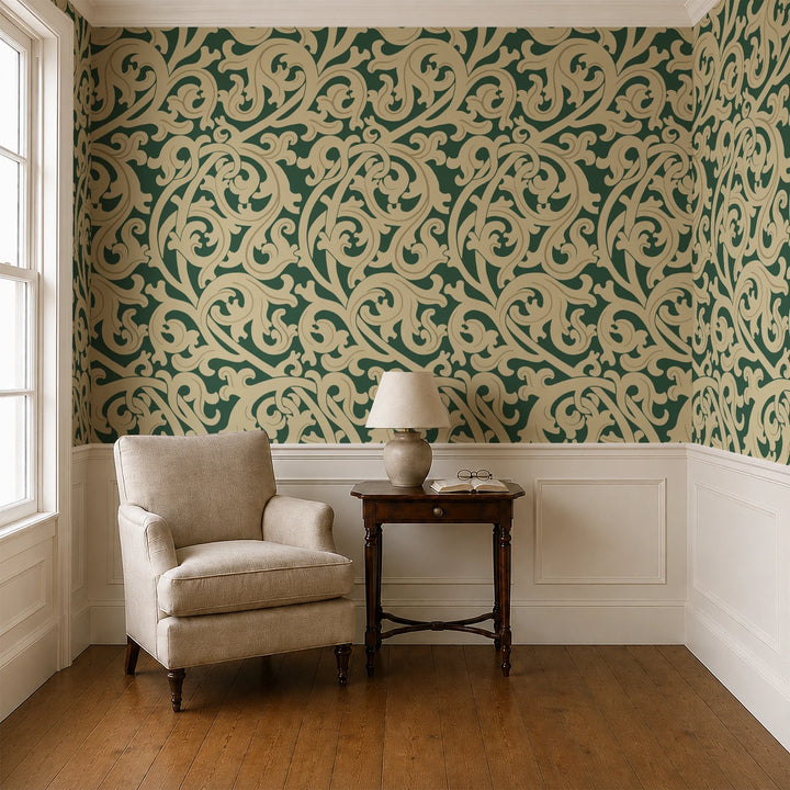 Large gold acanthus scroll motif on a green ground: wallpaper installed in a parlor with panelled dado