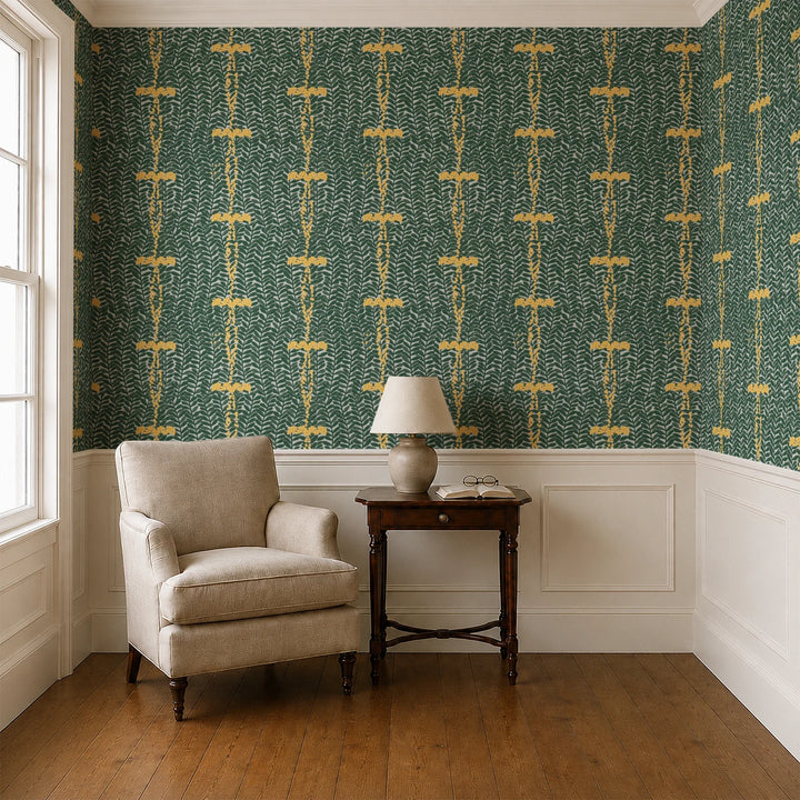 Dark green 1918 leaf sprays with yellow berries on a grey ground: wallpaper installed in a parlor with panelled dado
