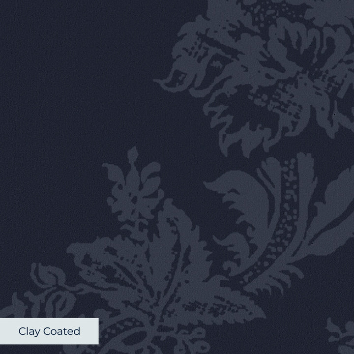 Navy early 20th century tone-on-tone brocade bouquets: clay-coated wallpaper closeup, smooth matte finish
